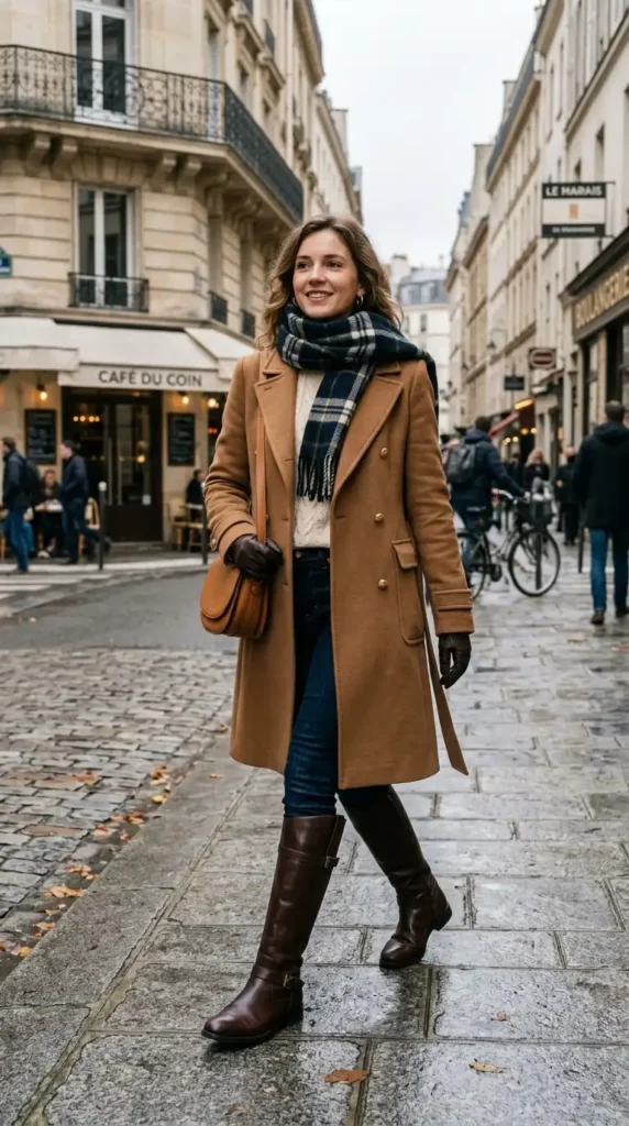 15+ Trendy European Fashion Outfits to Upgrade Your Wardrobe 11 double-breasted-coat-with-scarf-and-riding-boots