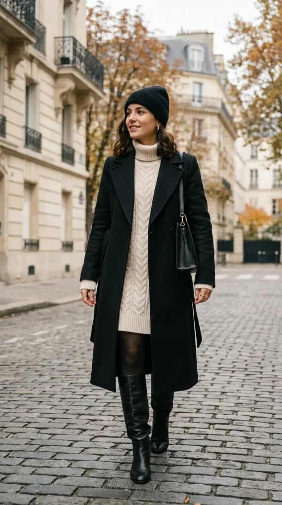 15+ Trendy European Fashion Outfits to Upgrade Your Wardrobe 12 elegant-black-coat-with-chunky-knit-dress