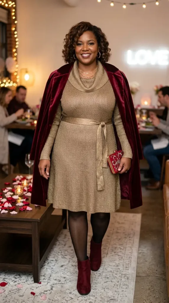 18+ Plus-Size Valentine’s Day Outfits to Feel Confident and Stunning 5 gold-metallic-sweater-dress