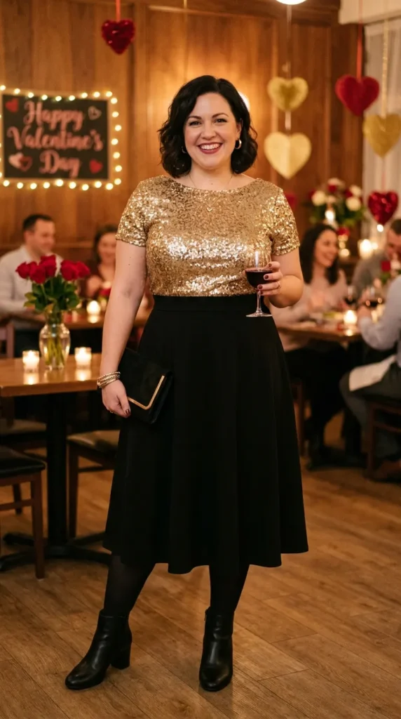 18+ Plus-Size Valentine’s Day Outfits to Feel Confident and Stunning 13 gold-sequin-top-with-black-skirt