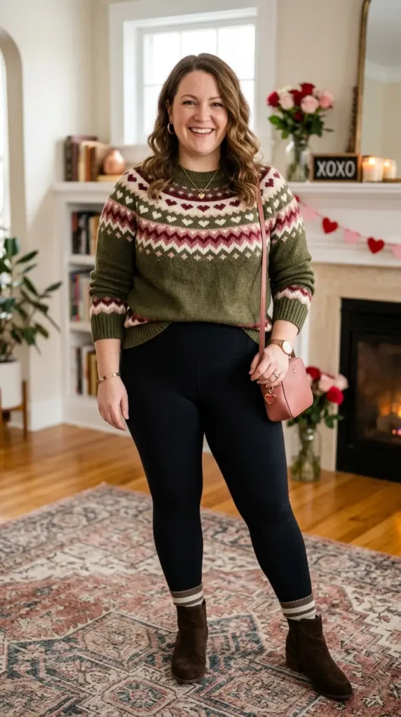 18+ Plus-Size Valentine’s Day Outfits to Feel Confident and Stunning 12 green-fair-isle-sweater-with-leggings