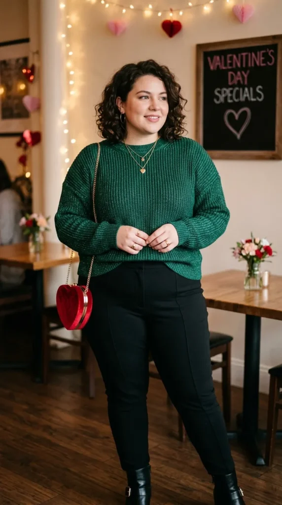 18+ Plus-Size Valentine’s Day Outfits to Feel Confident and Stunning 17 green-metallic-knit-sweater