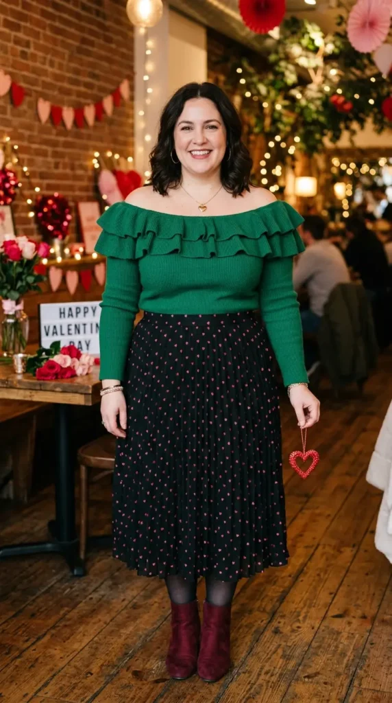 18+ Plus-Size Valentine’s Day Outfits to Feel Confident and Stunning 21 green-off-shoulder-ruffle-sweater