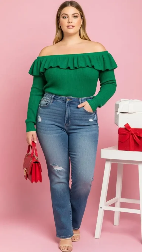 green-off-shoulder-ruffle-sweater