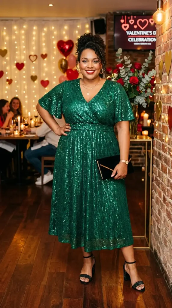 18+ Plus-Size Valentine’s Day Outfits to Feel Confident and Stunning 3 green-sequined-midi-dress