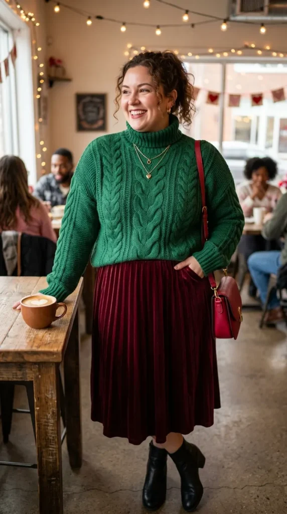 18+ Plus-Size Valentine’s Day Outfits to Feel Confident and Stunning 8 green-turtleneck-cable-knit-sweater