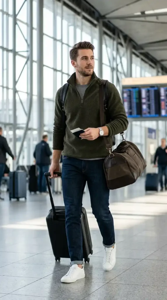 20 Airport Outfit Ideas for Men to Try Today in Style 15 half-zip-fleece-with-slim-jeans