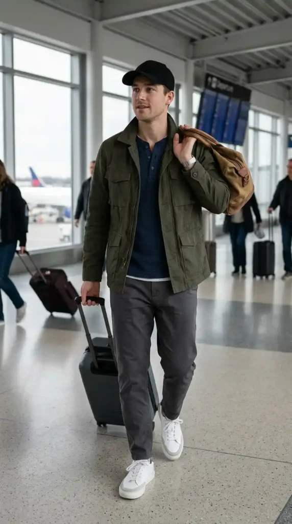 20 Airport Outfit Ideas for Men to Try Today in Style 20 henley-with-utility-jacket