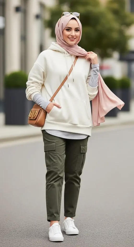 17 Trendy Casual Hijab Outfits for Modest Fashion Lovers 7 hoodie-with-cargo-pants