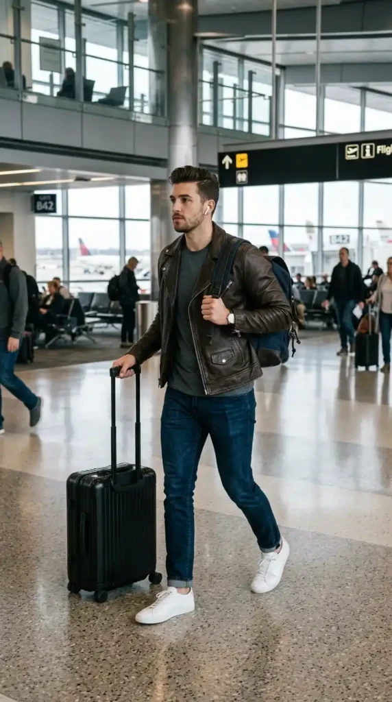 20 Airport Outfit Ideas for Men to Try Today in Style 12 leather-jacket-with-stretch-jeans