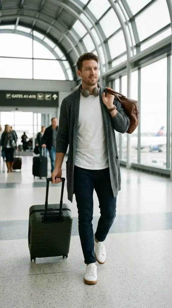 20 Airport Outfit Ideas for Men to Try Today in Style 21 longline-cardigan-with-tee-and-slim-pants