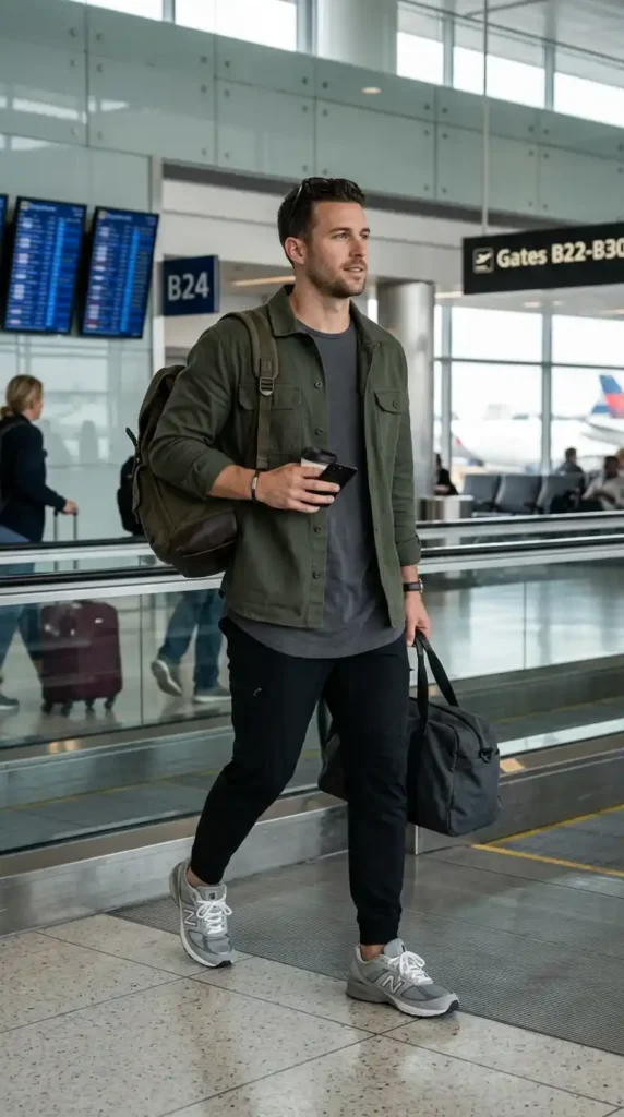 20 Airport Outfit Ideas for Men to Try Today in Style 17 longline-tee-with-overshirt-and-tech-pants