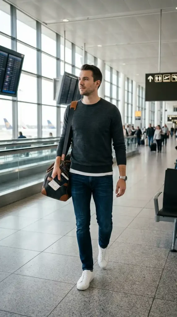 20 Airport Outfit Ideas for Men to Try Today in Style 18 merino-sweater-and-stretch-jeans