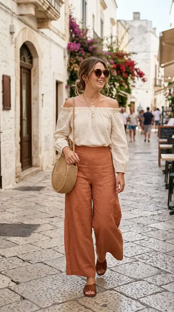 18 Chic Summer Outfit Ideas for Work, Beach & Weekend Fun 5 off-shoulder-blouse-with-wide-leg-pants