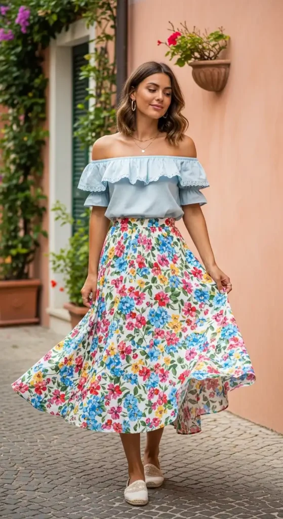 17 Chic Italy Spring Outfits Ideas Every Fashion Lover Will Adore 9 off-shoulder-top-with-flowy-skirt