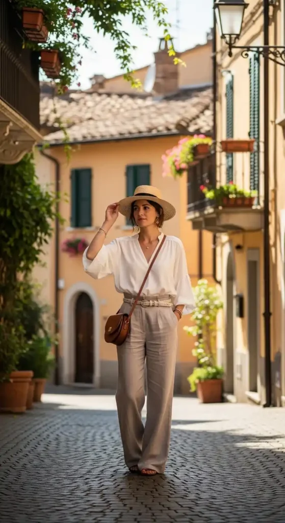 17 Chic Italy Spring Outfits Ideas Every Fashion Lover Will Adore 17 off-white-blouse-with-wide-leg-linen-pants