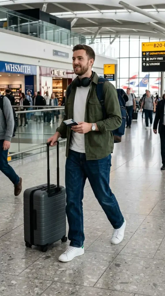 20 Airport Outfit Ideas for Men to Try Today in Style 7 overshirt-with-white-tee-and-jeans