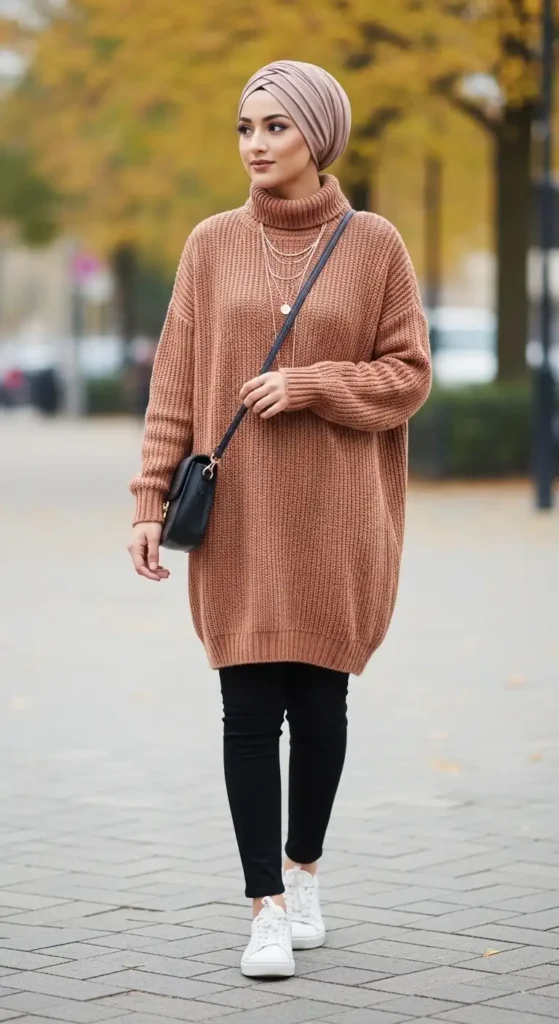 17 Trendy Casual Hijab Outfits for Modest Fashion Lovers 12 oversized-sweater-dress-with-leggings