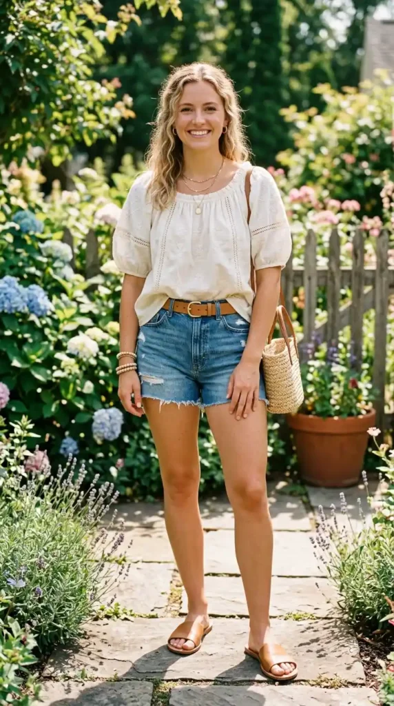 18 Chic Summer Outfit Ideas for Work, Beach & Weekend Fun 14 peasant-top-with-denim-shorts