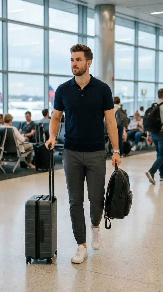 20 Airport Outfit Ideas for Men to Try Today in Style 5 polo-shirt-and-slim-joggers