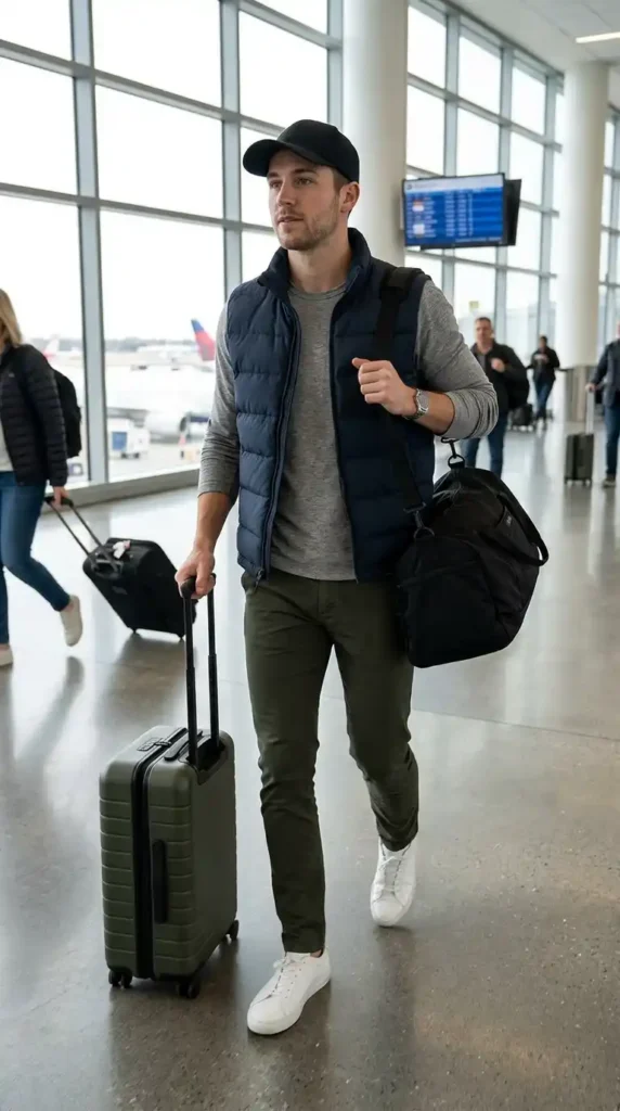 20 Airport Outfit Ideas for Men to Try Today in Style 9 puffer-vest-and-long-sleeve-tee