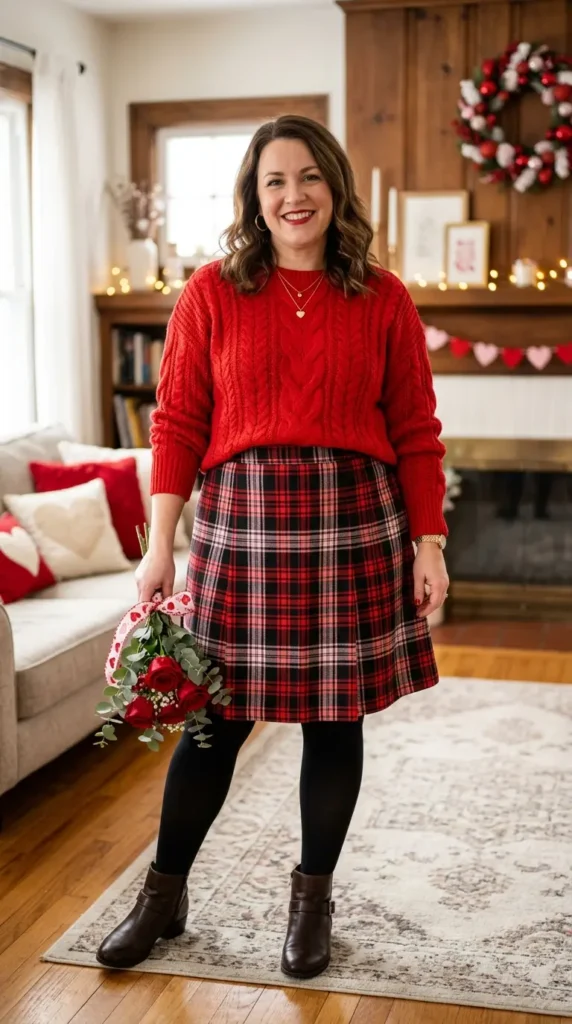 18+ Plus-Size Valentine’s Day Outfits to Feel Confident and Stunning 4 red-knit-sweater-with-plaid-skirt