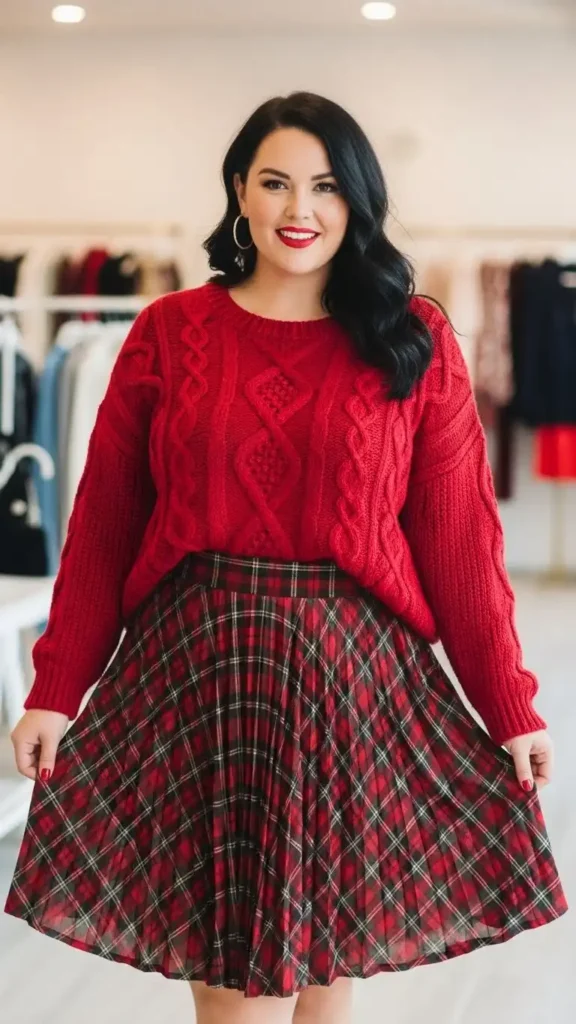 red-knit-sweater-with-plaid-skirt