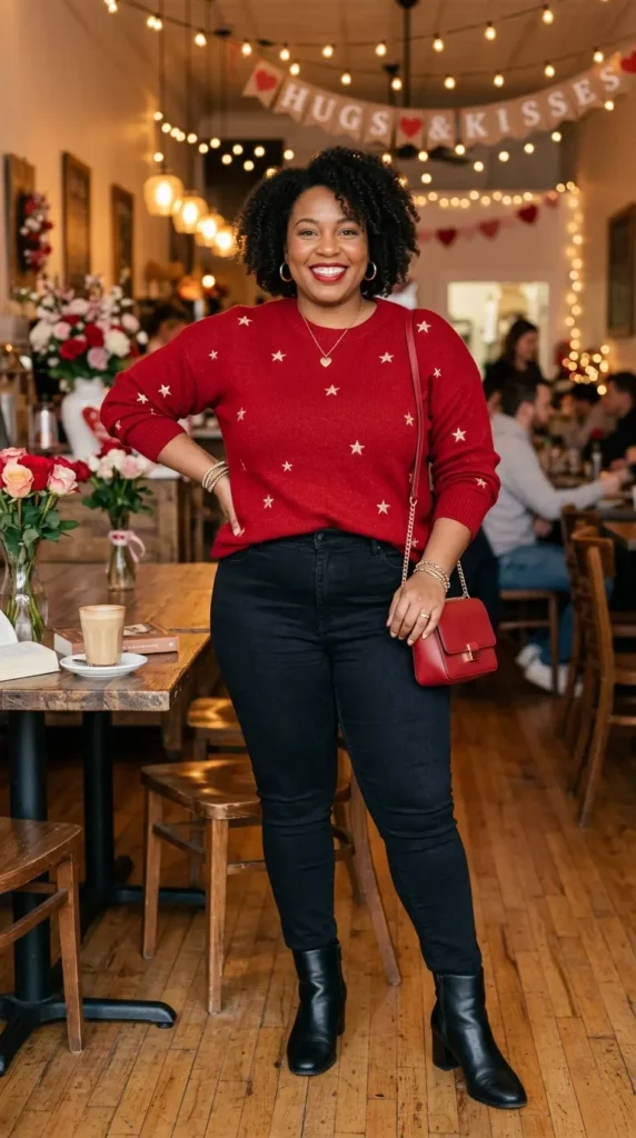 18+ Plus-Size Valentine’s Day Outfits to Feel Confident and Stunning 9 red-sweater-with-gold-star-embellishments