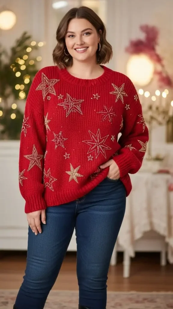 red-sweater-with-gold-star-embellishments