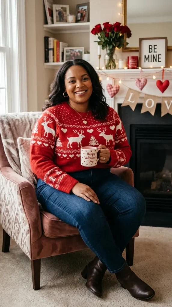 18+ Plus-Size Valentine’s Day Outfits to Feel Confident and Stunning 16 red-sweater-with-reindeer-pattern