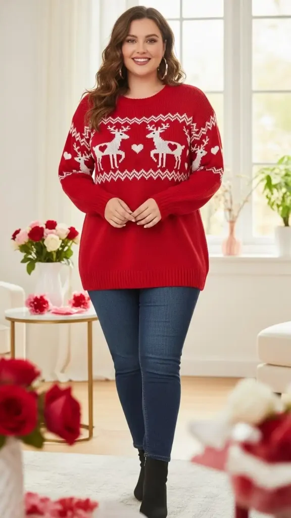 red-sweater-with-reindeer-pattern