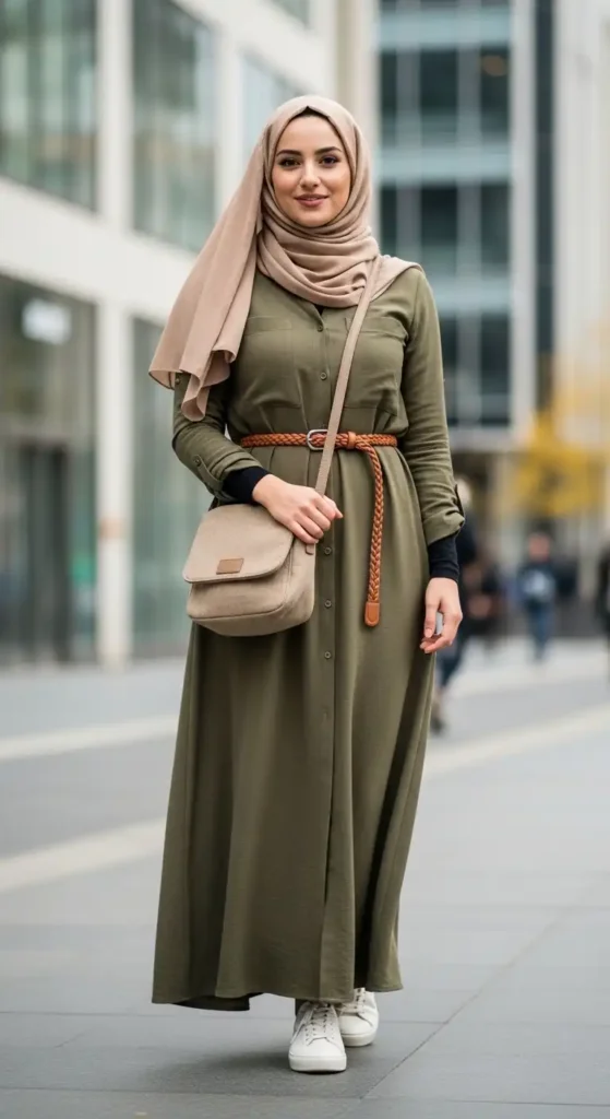 17 Trendy Casual Hijab Outfits for Modest Fashion Lovers 11 shirt-dress-with-belted-waist