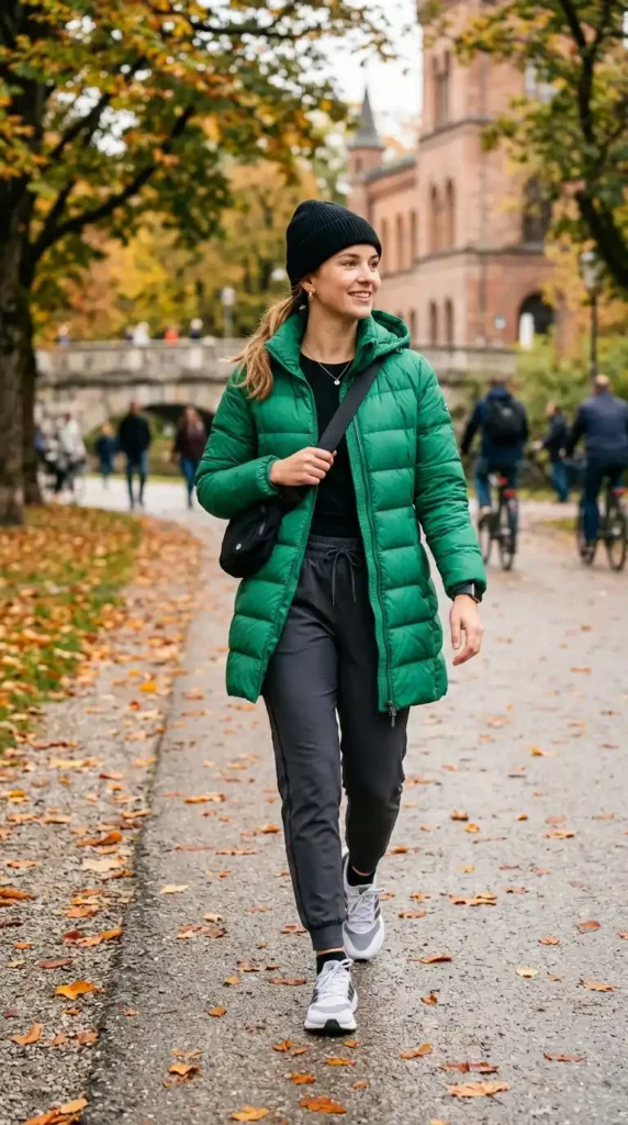 15+ Trendy European Fashion Outfits to Upgrade Your Wardrobe 5 sporty-puffer-jacket-with-joggers