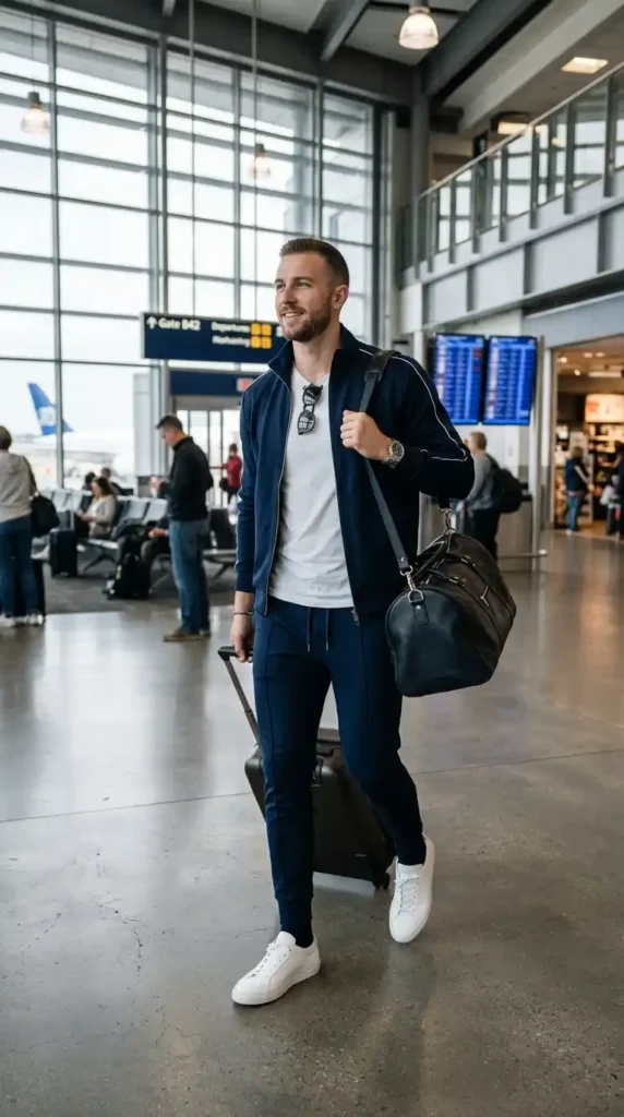 20 Airport Outfit Ideas for Men to Try Today in Style 14 track-jacket-and-tapered-joggers