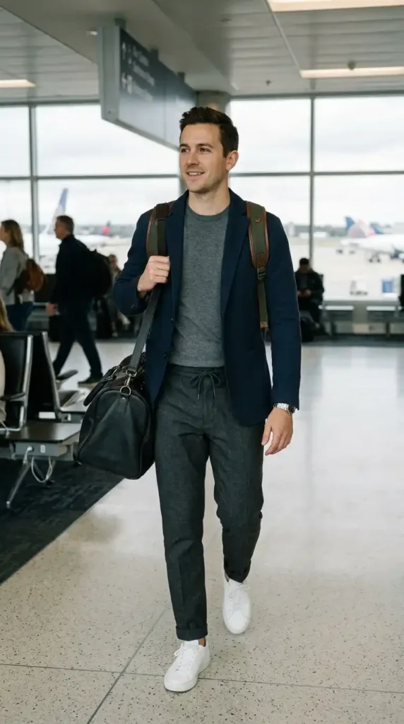 20 Airport Outfit Ideas for Men to Try Today in Style 16 travel-blazer-with-drawstring-trousers