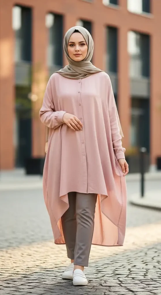 17 Trendy Casual Hijab Outfits for Modest Fashion Lovers 6 tunic-shirt-with-slim-trousers