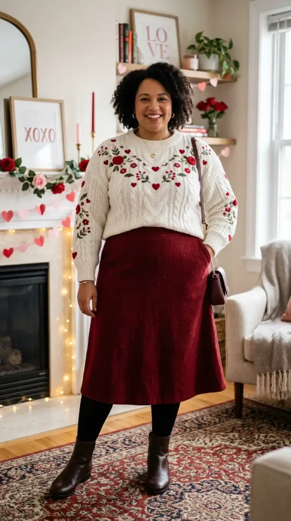 18+ Plus-Size Valentine’s Day Outfits to Feel Confident and Stunning 15 white-cable-knit-sweater-with-embroidery