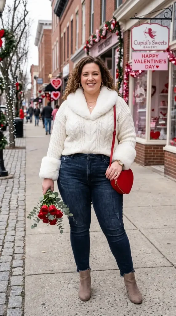 18+ Plus-Size Valentine’s Day Outfits to Feel Confident and Stunning 6 white-faux-fur-trim-sweater-with-jeans