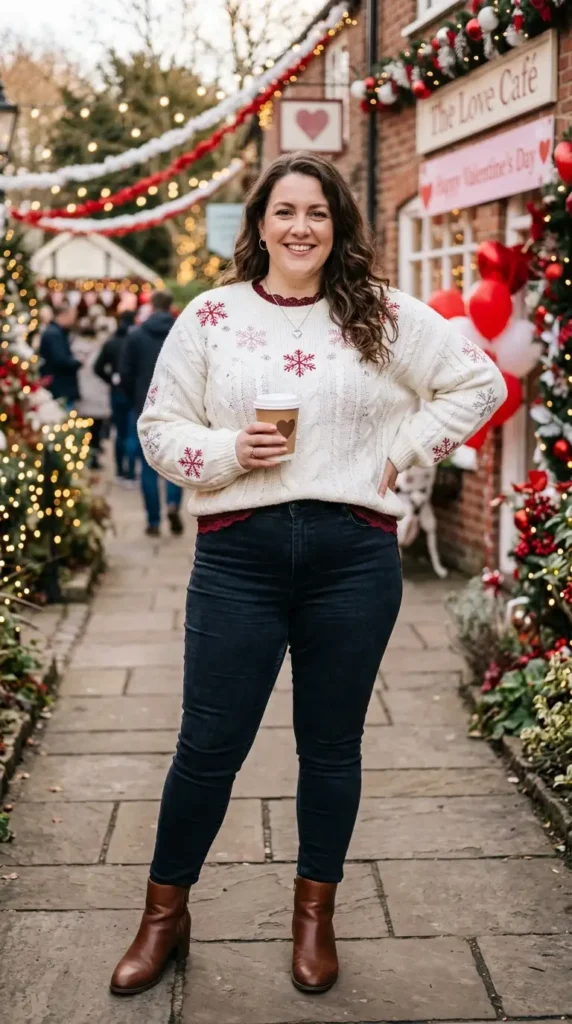 18+ Plus-Size Valentine’s Day Outfits to Feel Confident and Stunning 20 white-knit-sweater-with-snowflake-embroidery