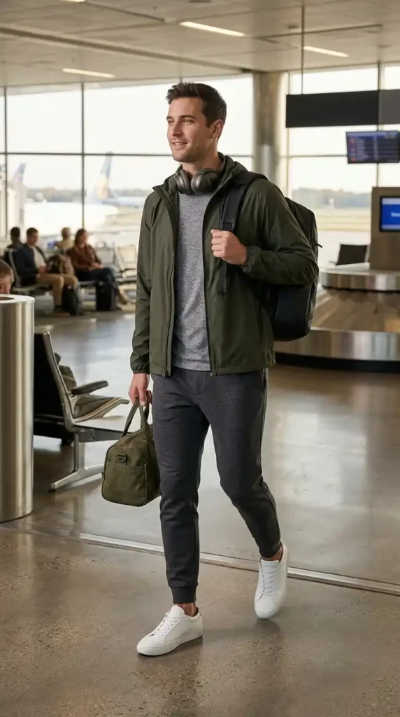 20 Airport Outfit Ideas for Men to Try Today in Style 19 windbreaker-and-tapered-sweatpants