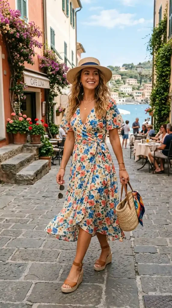 18 Chic Summer Outfit Ideas for Work, Beach & Weekend Fun 8 wrap-dress-with-wedges