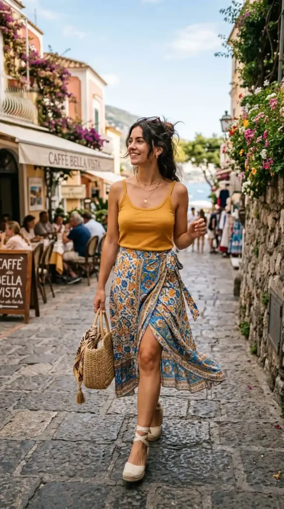 18 Chic Summer Outfit Ideas for Work, Beach & Weekend Fun 17 wrap-skirt-with-tank-top