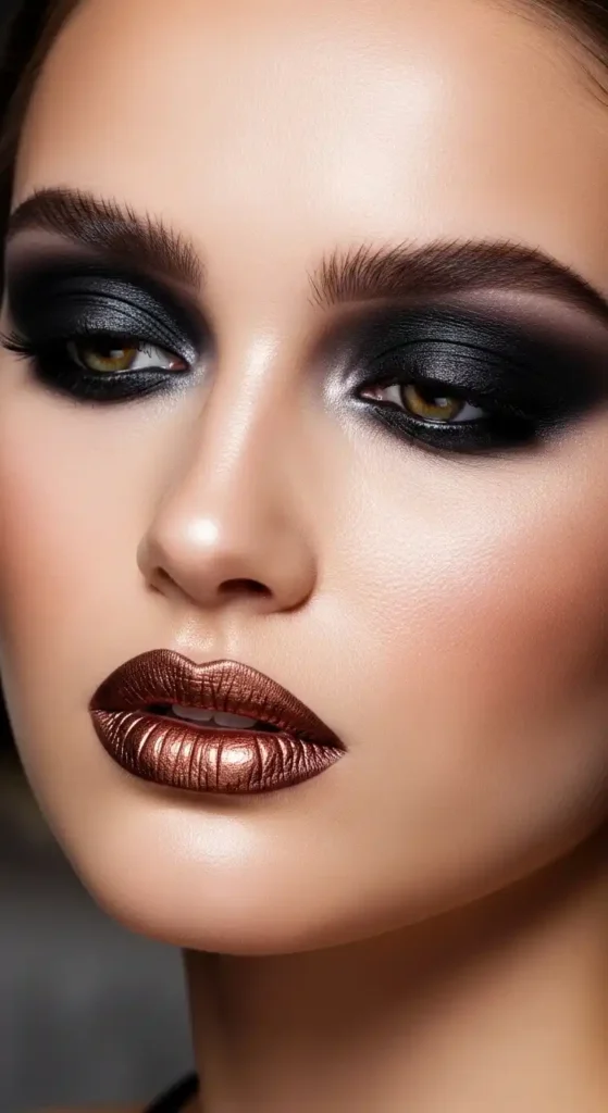 17 Top Glam makeup looks for Parties, Weddings & Night Outs 18 black-smokey-eyes-with-metallic-lip