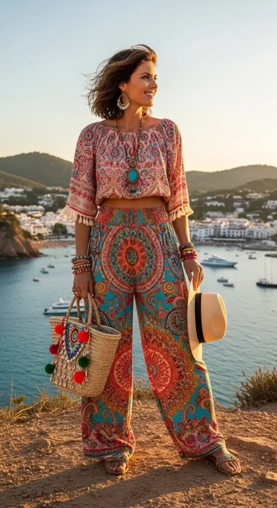 15 Ibiza Outfits to Try Today for a Stylish and Festival-Ready Look 11 bohemian-palazzo-pants-with-top