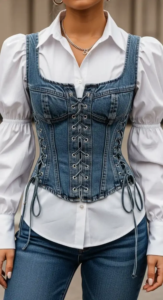 denim-corset-over-white-shirt