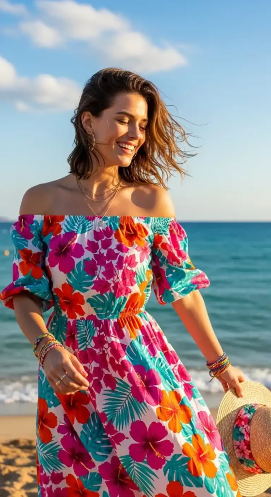 15 Ibiza Outfits to Try Today for a Stylish and Festival-Ready Look 6 off-shoulder-floral-dress