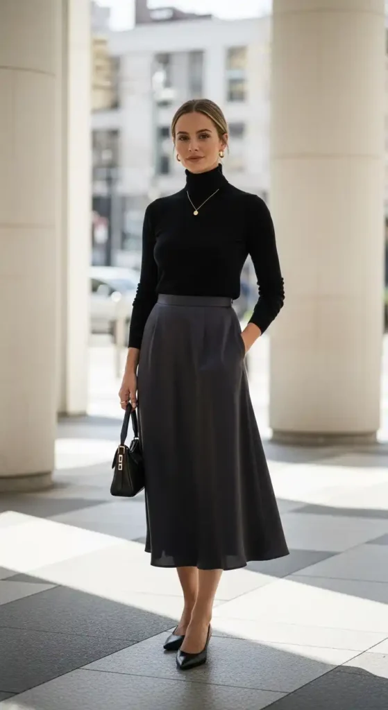 16 Chic 90s Minimalist Fashion Outfits That Are Back in Style 6 black-turtleneck-with-midi-skirt