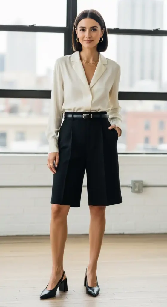 16 Chic 90s Minimalist Fashion Outfits That Are Back in Style 17 blouse-with-tailored-shorts