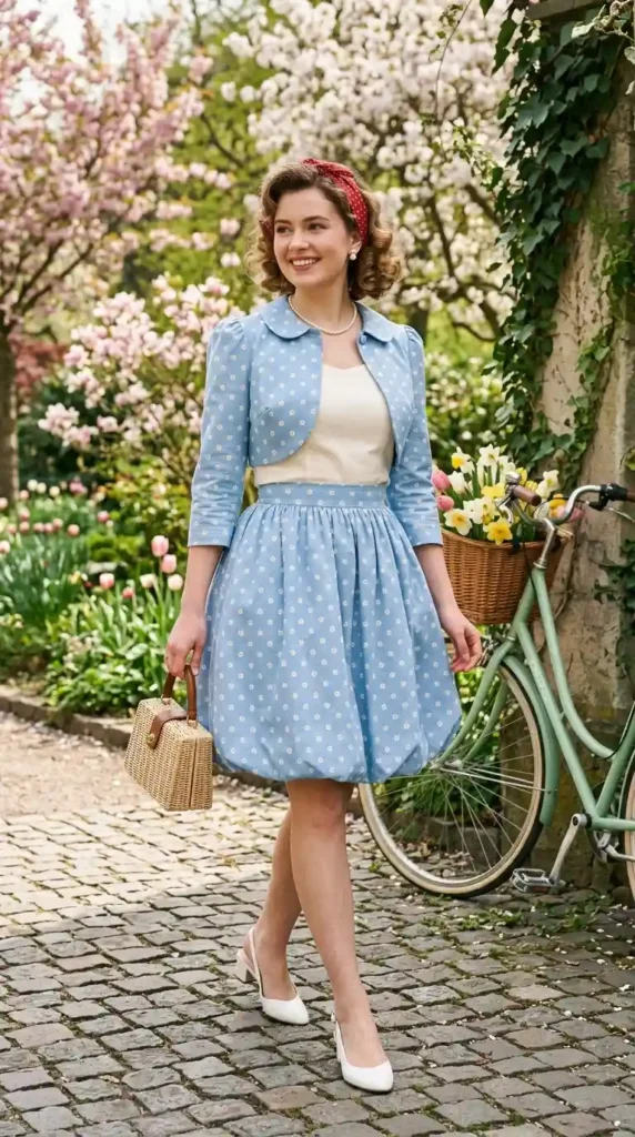 16 Vintage Spring Outfits to Bring Classic Charm to Your Wardrobe 14 bubble-skirt-and-bolero-crop-top
