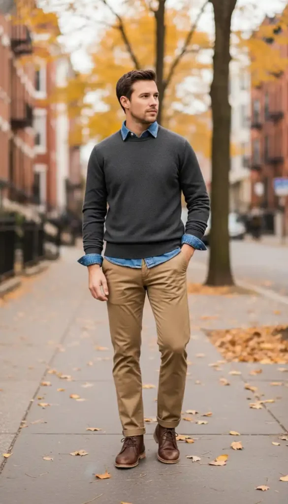 denim-shirt-under-sweater-with-chinos